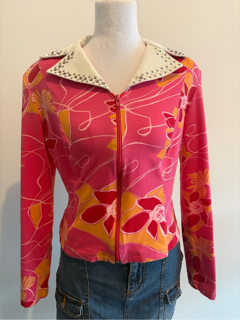 Y2K Western Glam Rhinestone Zip Up Top Pink Floral Festival Cowgirl